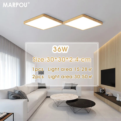 Lámpara de techo LED inteligente MARPOU Tuya con diseño de madera, control por voz mediante aplicación Alexa/Google y mando a distancia. Lámpara de techo cuadrada para salón.
