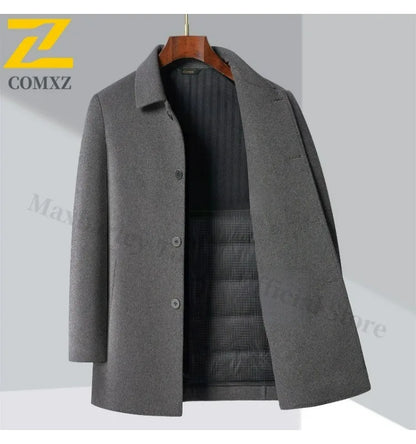 2025 Winter Men Wool Blend Overcoat Mid Length Double Faced Thick Warm Coat Detachable Goose Down Inner Premium TrenchCoat