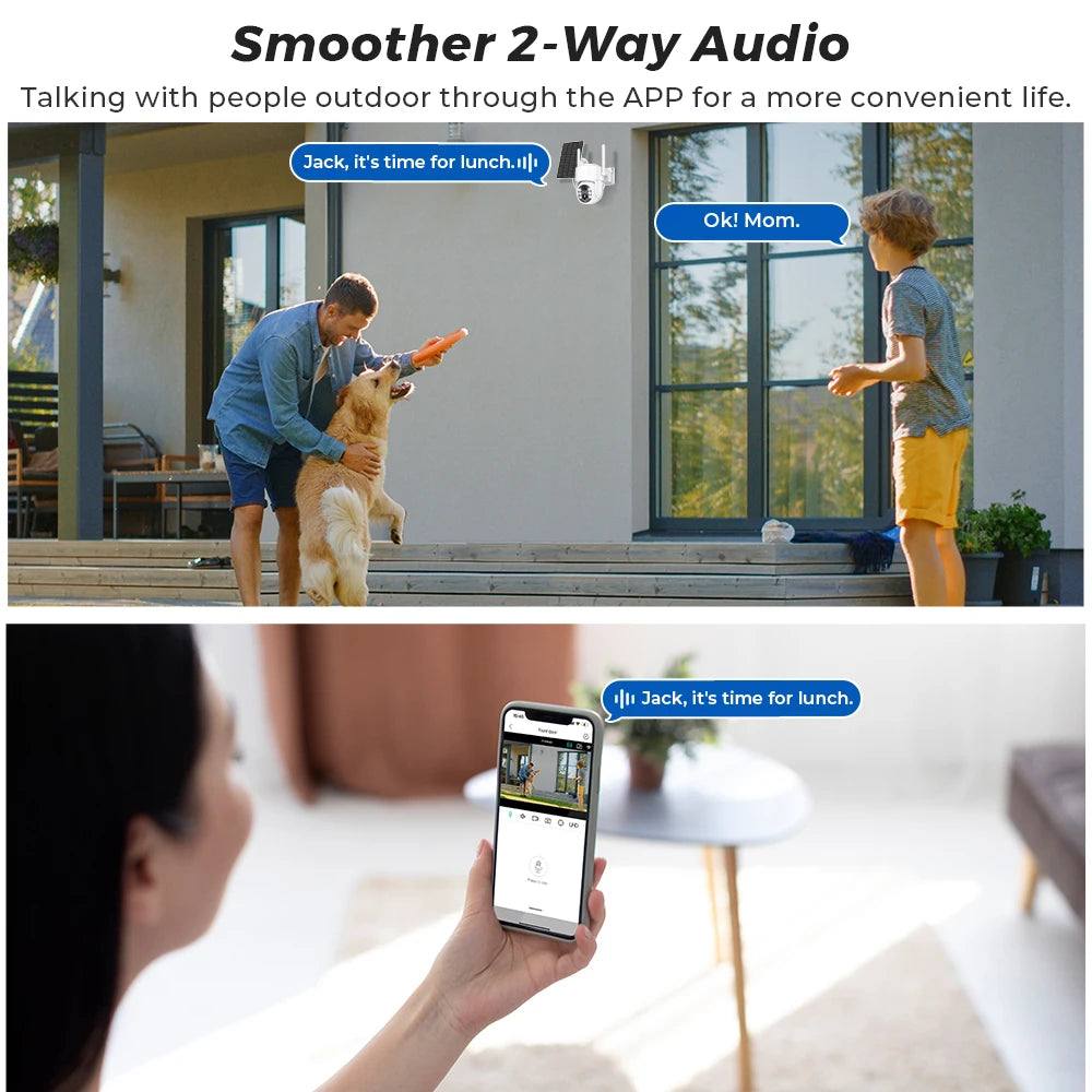 Cámara de vigilancia WiFi exterior inalámbrica HD de 5 MP con panel solar, batería integrada de 7800 mAh y 365 días de autonomía en espera.