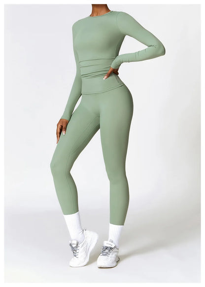 2PCS Seamless Yoga Set Women Workout Set Sportswear Gym Clothing Fitness Long Sleeve Crop Top High Waist Leggings Sports Suits