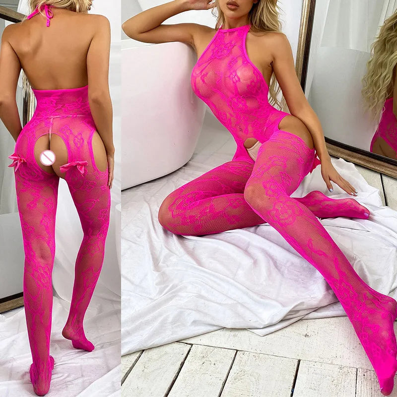 Medias de cuerpo de encaje con entrepierna abierta, lencería sexy para mujer, medias de rejilla de tendencia, body erótico con liguero, novedad.
