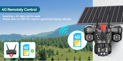 Cámara de vigilancia solar 8K 15MP con tres pantallas, WiFi, seguimiento automático, PTZ, tarjeta SIM 4G, cámara IP solar inalámbrica V380 Pro