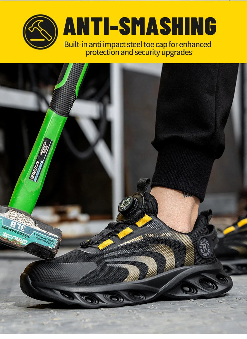 Zapatos de seguridad con botón giratorio para hombre, zapatos de trabajo con puntera de acero, zapatos de trabajo indestructibles y ligeros, zapatillas transpirables.