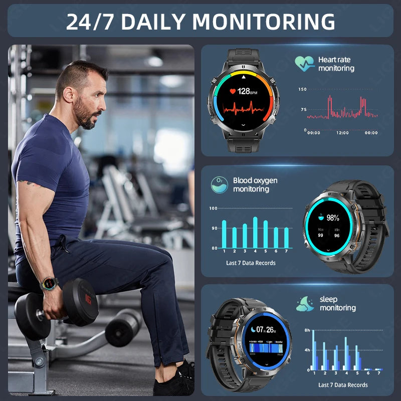 Reloj inteligente LIGE para hombre, con batería de 900 mAh, Bluetooth, llamadas, frecuencia cardíaca, oxígeno en sangre, brújula, monitor de salud, resistente al agua