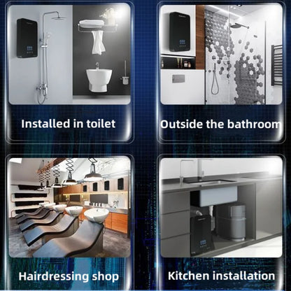 Calentador de agua eléctrico pequeño HYUNDAI con calentamiento rápido e instantáneo, temperatura constante inteligente y pantalla en inglés para ducha o baño.