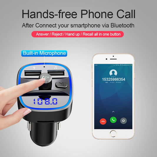 Práctico transmisor FM portátil para coche con Bluetooth 5.0, reproductor MP3, textura clásica multifuncional, doble USB