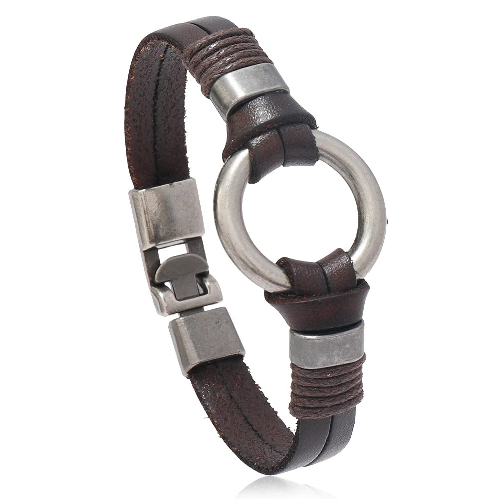 Pulsera de cuero genuino hecha a mano para hombres y mujeres, pulsera sencilla