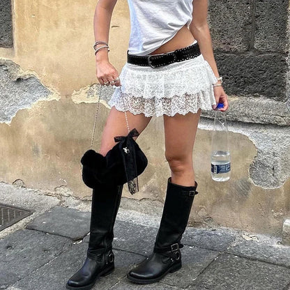 BIIKPIIK Faldas casuales con volantes de encaje, moda urbana, minifaldas para mujer que combinan con todo, ropa de fondo dulce, atuendo vintage sexy Y2K