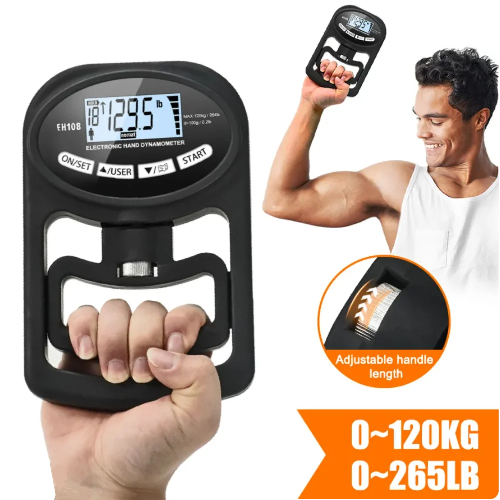 Dinamómetro digital de mano de 120 kg/265 lb con pantalla LCD y USB para entrenamiento de potencia y deporte.
