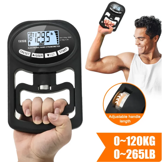 Dinamómetro digital de mano de 120 kg/265 lb con pantalla LCD y USB para entrenamiento de potencia y deporte.