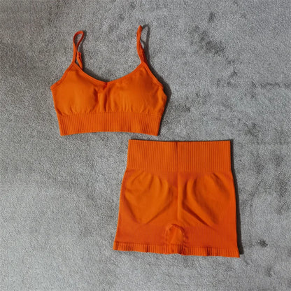 Conjunto de yoga fitness sin costuras para mujer, ropa deportiva de cintura alta, leggings, pantalones cortos de dos piezas, ropa de gimnasio para mujer