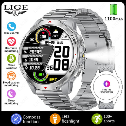 Reloj inteligente deportivo para exteriores para hombre, con batería grande de 1100 mAh, brújula, linterna LED, control del ritmo cardíaco, compatible con Android e iOS.