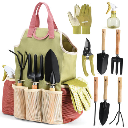 Juego completo de 10 herramientas de jardinería resistentes, con agarre de goma antideslizante, bolsa de almacenamiento, pala, tijeras y herramientas para exteriores.