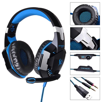 Auriculares para juegos con cable, grandes, con luz LED, micrófono, estéreo, graves profundos, para PC, portátil, PS4, Xbox