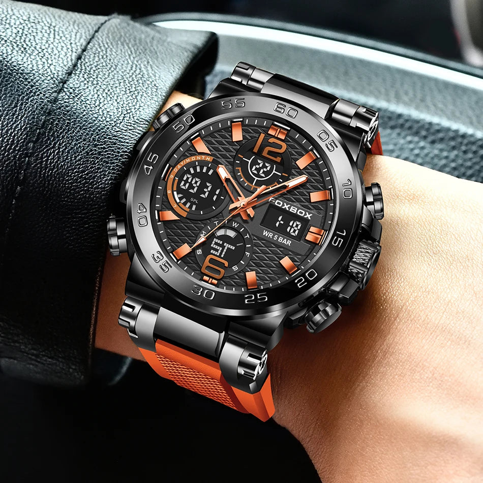 FOXBOX - Nuevo reloj deportivo para exteriores para hombre, reloj analógico digital de moda para negocios, reloj de pulsera de cuarzo con alarma resistente al agua y de silicona.