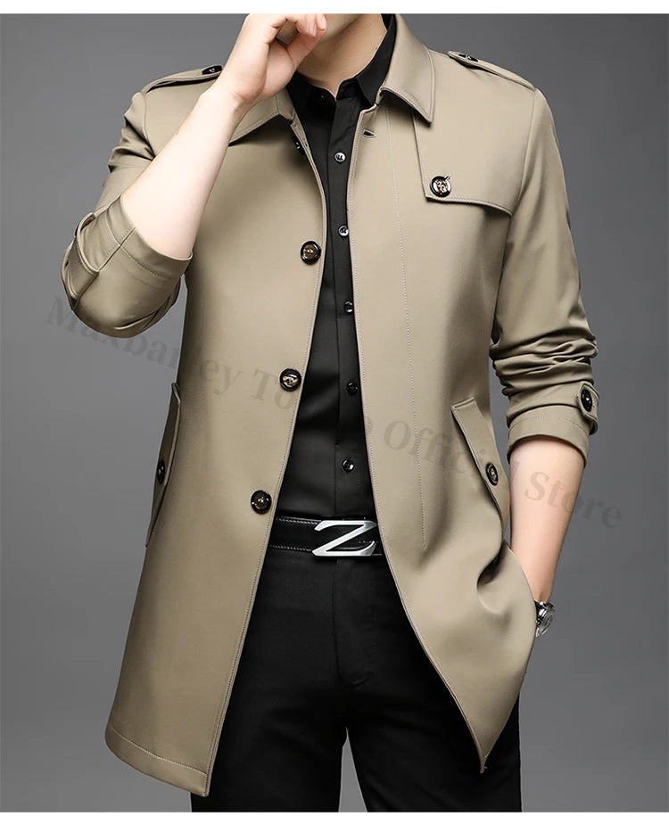 Abrigo tipo gabardina Maxbarley para hombre, estilo coreano, ligero, de lujo, de un solo botón, chaqueta larga cortavientos, colección primavera-otoño 2025, marca, con solapa.