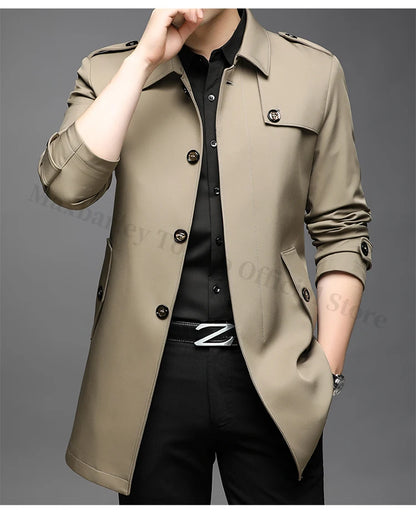 Abrigo tipo gabardina Maxbarley para hombre, estilo coreano, ligero, de lujo, de un solo botón, chaqueta larga cortavientos, colección primavera-otoño 2025, marca, con solapa.