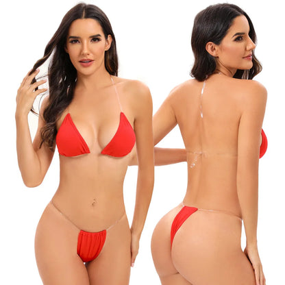 Traje de baño para mujer, bikini sexy transparente con tirantes triangulares, tanga de dos piezas, color sólido, ropa de playa, traje de baño para spa