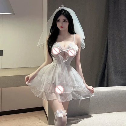 Sexy Bridal Lingerie Set See Through Mesh Babydoll Dress with Veil White Wedding Club Nightwear Cosplay Costume for Women Girls