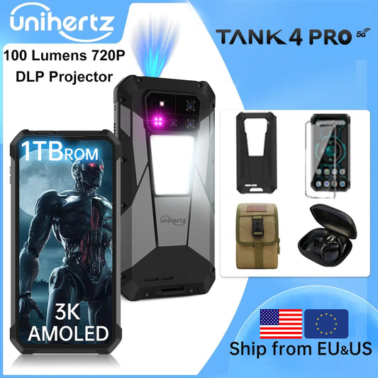 Teléfono resistente Unihertz Tank 4 Pro 8849 5G con IA, proyector 720p integrado, IP68/69; Dimensity 8300 con 512 GB/1 TB de ROM y 16 GB/18 GB de RAM; pantalla AMOLED 3K.
