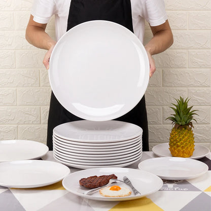Plato redondo de melamina blanca de 8-14 pulgadas para cena, bandejas para carne estilo occidental, vajilla de hueso para postre, platos de plástico de imitación de porcelana.