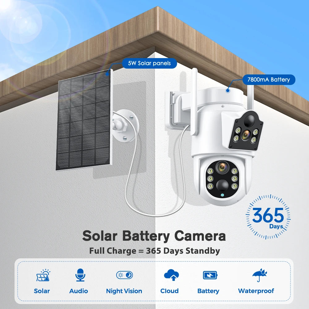 Cámara de seguridad exterior inalámbrica ICSEE de 8 MP, 4K, Wi-Fi, doble lente, 8MP, 4K, solar, con batería de 7800 mAh y 365 días de autonomía en espera.