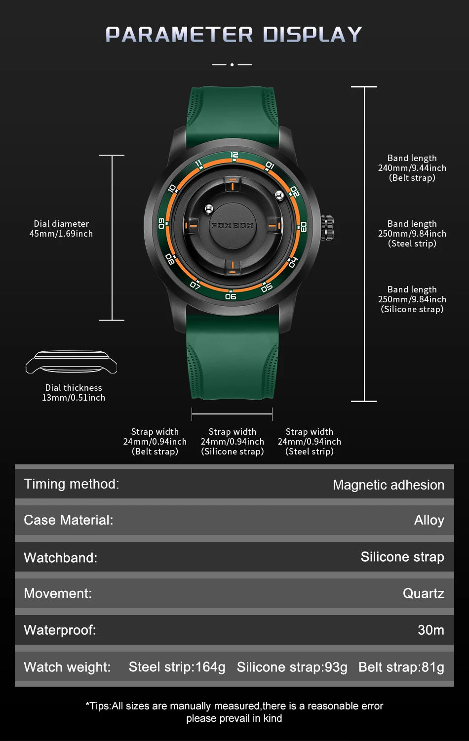 Reloj de pulsera de cuarzo para hombre FOXBOX Fashion, verde, de silicona, resistente al agua, con puntero deslizante y fuerza magnética, para deportes al aire libre.