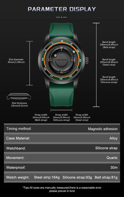 Reloj de pulsera de cuarzo para hombre FOXBOX Fashion, verde, de silicona, resistente al agua, con puntero deslizante y fuerza magnética, para deportes al aire libre.