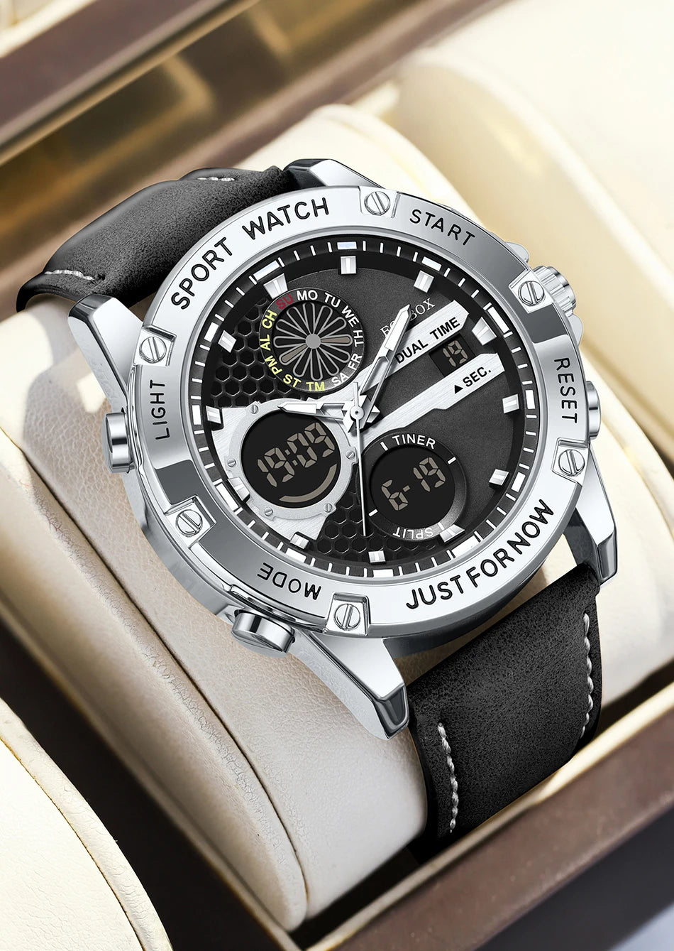 FOXBOX Relojes de lujo de moda para hombre, reloj de pulsera luminoso resistente al agua con fecha y doble horario para hombre, relojes de cuarzo para hombre, relojes masculinos