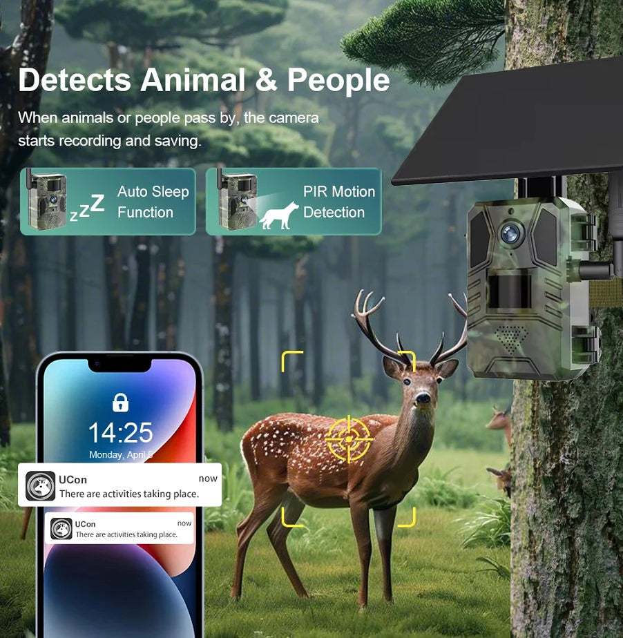 Cámara de rastreo 4G LTE con energía solar, 4MP, PIR, visión nocturna activada por movimiento, inalámbrica, celular, para caza de fauna silvestre Ucon