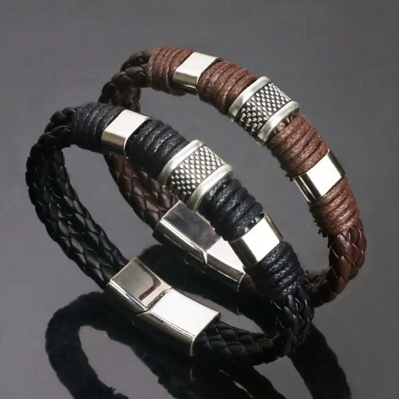 Pulseras vintage de cuero marrón para hombre, brazalete de cuerda trenzada multicapa de acero inoxidable, regalo para marido.