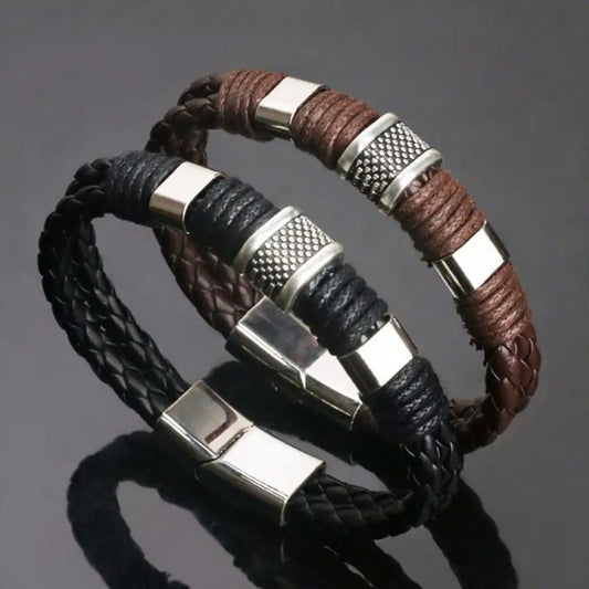 Pulseras vintage de cuero marrón para hombre, brazalete de cuerda trenzada multicapa de acero inoxidable, regalo para marido.