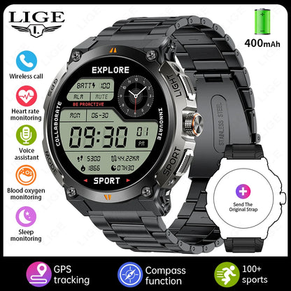 LIGE - Nuevo reloj inteligente con GPS para hombre, llamadas Bluetooth, batería grande de 400 mAh, pantalla AMOLED de 1,43 pulgadas, voz IA, IP68, resistente al agua
