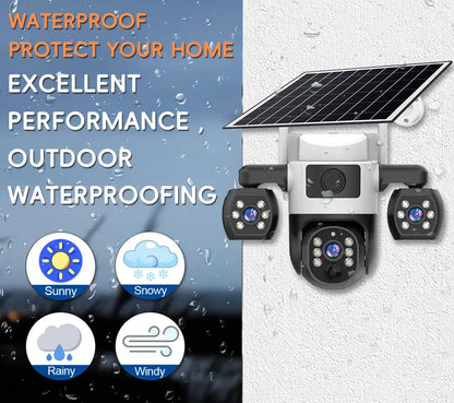 Cámara V380 Pro 4G con tarjeta SIM, panel solar, tres lentes, batería para exteriores, vigilancia doméstica, seguridad y protección (CCTV).