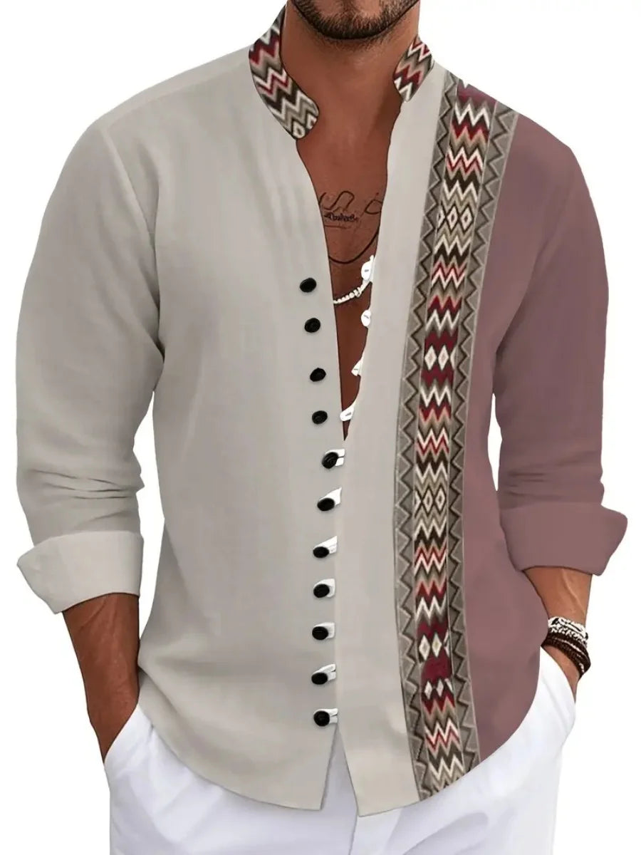 Nueva camisa de lino para hombre, con botones, patrón de tendencia de moda, corte ajustado, cómoda y suave, nueva marca retro.