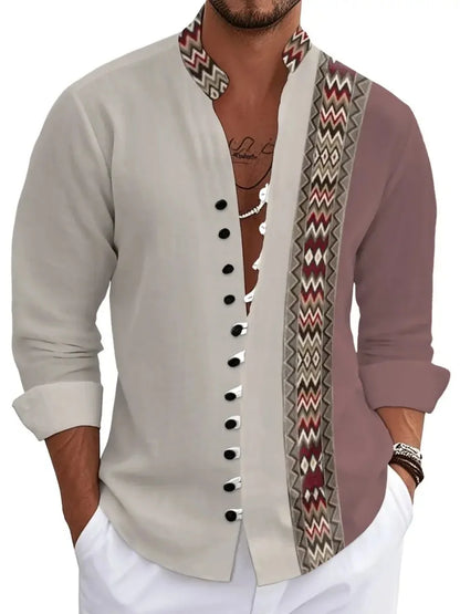 Nueva camisa de lino para hombre, con botones, patrón de tendencia de moda, corte ajustado, cómoda y suave, nueva marca retro.