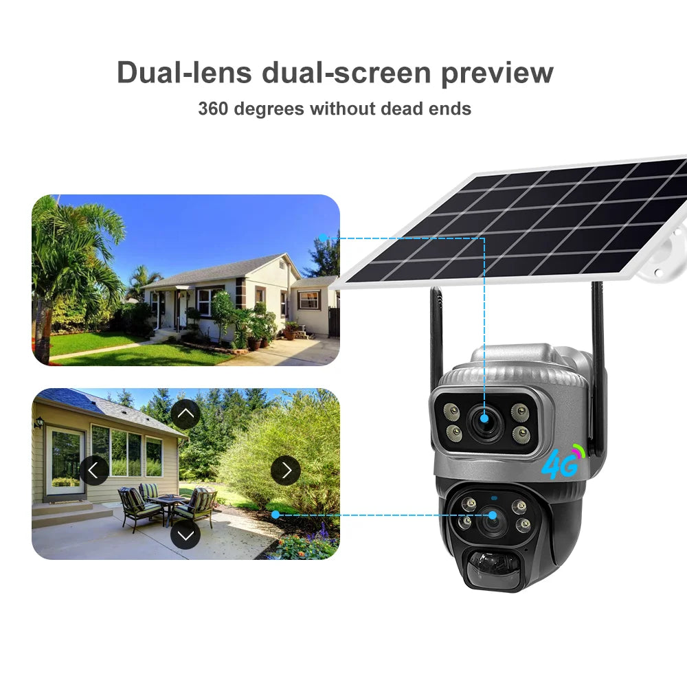 Cámara IP de seguridad V380 de doble lente, 4G, con detección humana PIR solar, visión nocturna, resistente al agua, 8MP, 4K, monitor CCTV con batería