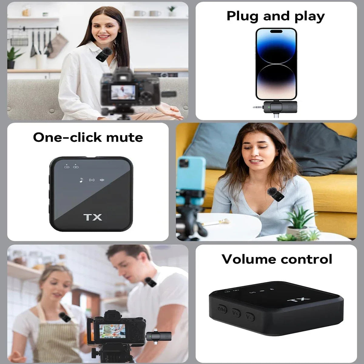 Micrófono de solapa inalámbrico 3 en 1 para cámara, iPhone y Android. Micrófono para grabación de video y podcasts con reducción de ruido.