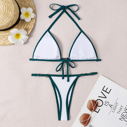 Traje de baño para mujer 2025, traje de baño de dos piezas con cuello halter, conjunto de bikini para mujer, ropa de playa de verano, traje de baño con cordón ajustable, tanga, copa triangular