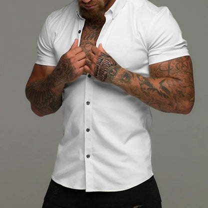 Camisas de vestir ajustadas para hombre, estilo casual de verano, con cuello vuelto, manga corta y botones LXDZ-110