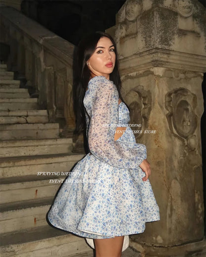 SPRAYING Blue Flower Print Mini Prom Gown Sweetheart Long Sleeve Party Dress Sexy Short Formal Event Dress Customized 2025