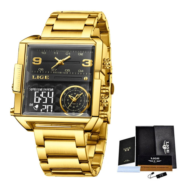 Reloj LIGE de acero negro para hombre, reloj digital con doble pantalla, cronógrafo deportivo, resistente al agua, de cuarzo, estilo militar