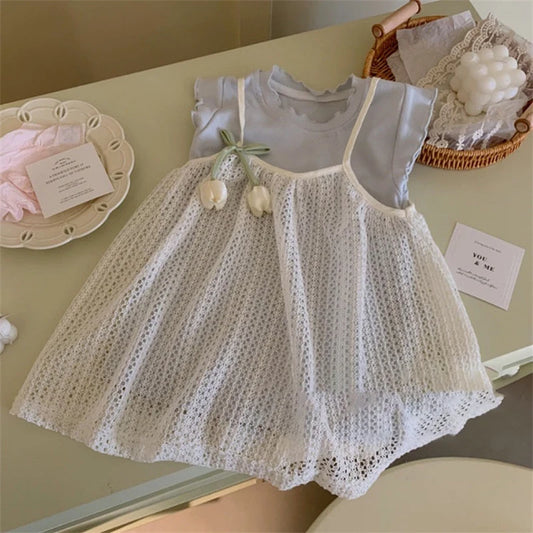 Ropa para niños 2025, conjunto de ropa azul + camisola, falda, chaleco de tulipán, falda de punto, versión coreana, conjunto para bebé con estilo