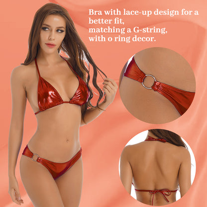 Women's Metallic Shiny Bikini Fashion Set Swimwear Pool Party Bathing Suit Top + Bottom Beachwear Women Swimsuit 2022 New