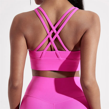 Sujetador deportivo de color sólido con espalda cruzada para mujer, de alta resistencia, ajustado, para entrenamiento integral, ropa interior de yoga y gimnasio con almohadilla para el pecho