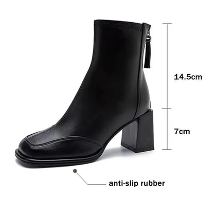 British Vintage Square Toe Ankle Boots Women 2025 Autumn Winter Thick High Heel Black Pu Boots Woman Cowboy Short Booties Shoes