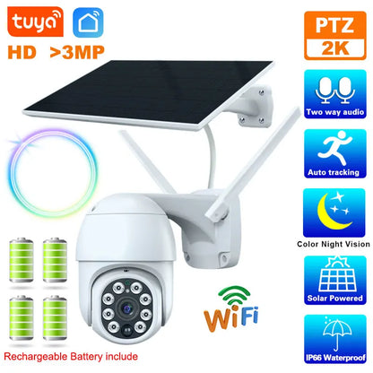 Cámara solar WiFi Tuya para exteriores, resistente al agua, 3 MP, 5 W, batería de 10000 mAh, aplicación Smart Life, PTZ inalámbrico, PIR, CCTV, seguimiento automático, 2K
