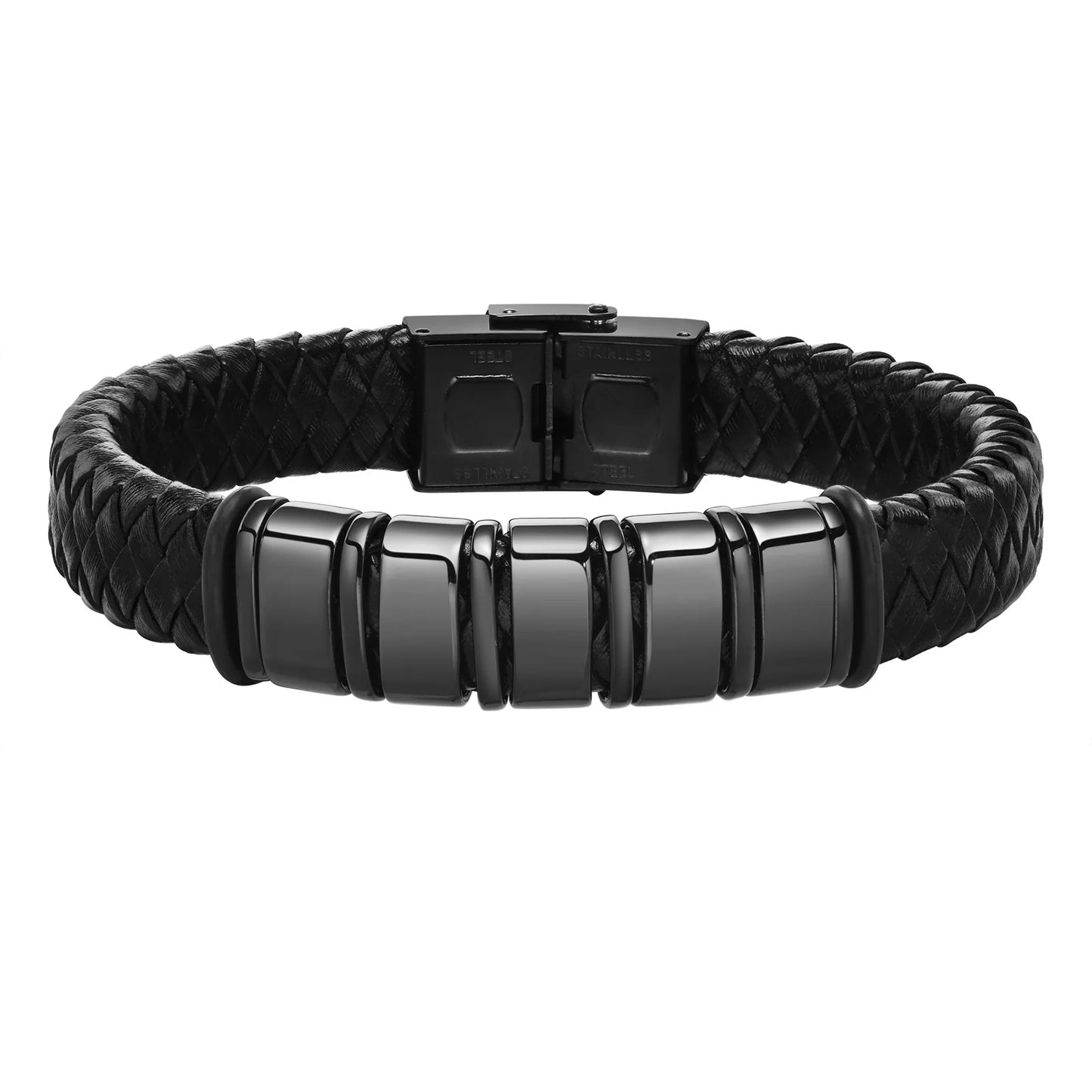 Pulseras trenzadas de cuentas personalizadas para hombre, de cuero, acero inoxidable, color negro y plateado, con nombre personalizado, regalo para un familiar.