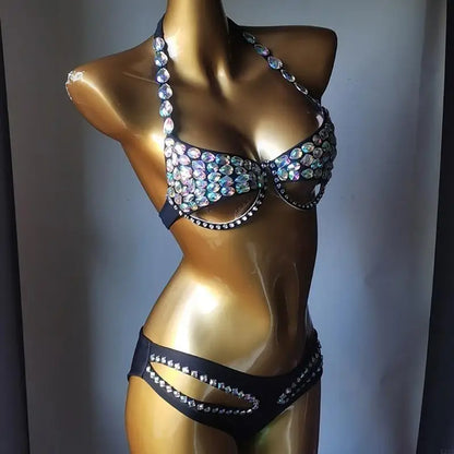Sparkling Rhinestones Swimsuit for Women Padded Bathing Suit Halterneck Swimsuit