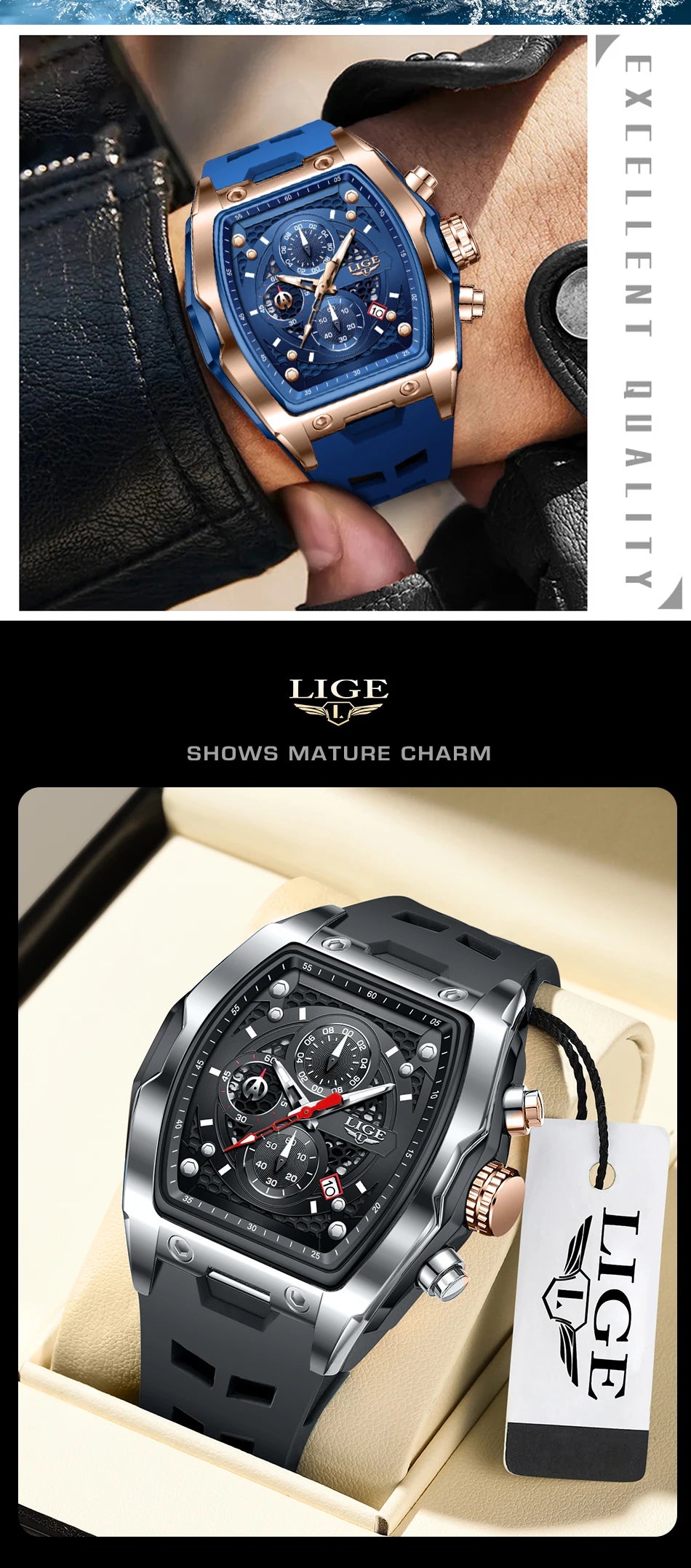 Reloj de negocios LIGE para hombre, resistente al agua, luminoso, cronógrafo, fecha, movimiento de cuarzo, correa de silicona, reloj de pulsera para hombre + caja